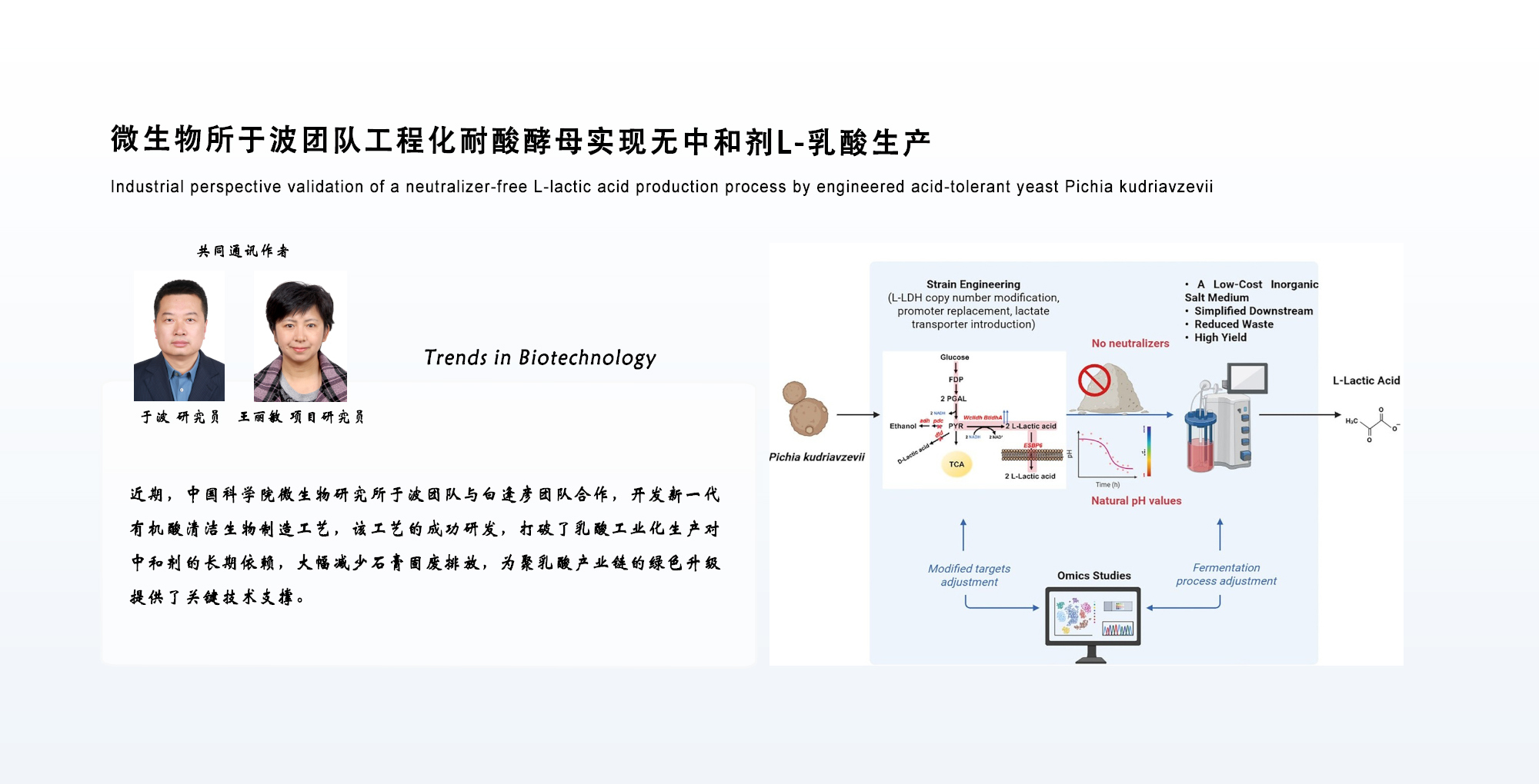 微生物所于波团队工程化耐酸酵母实现无中和剂L-乳酸生产